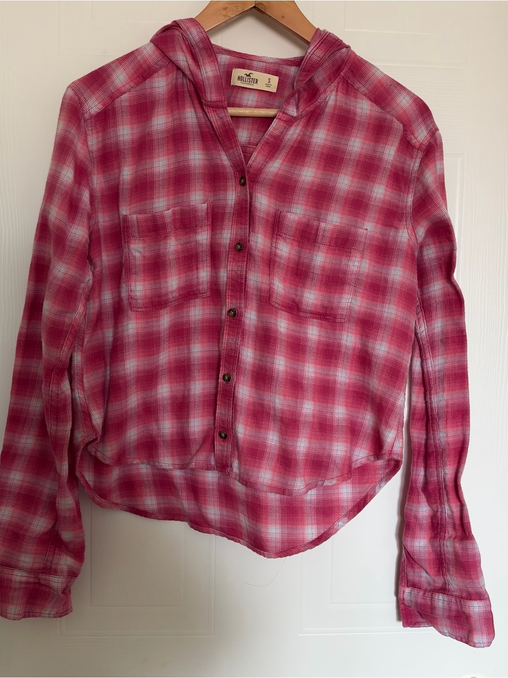 Hollister Pink and White Plaid Hooded Button-Down Shirt